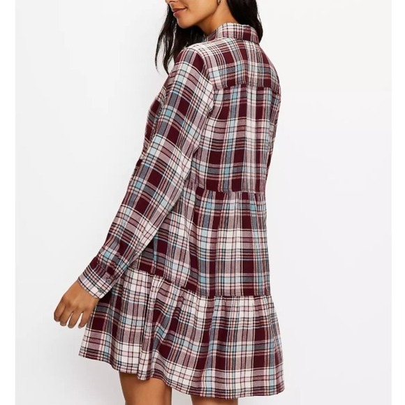 LOFT Plaid Tiered Dress Long Sleeve Casual Flannel Maroon Blue Size S - Picture 3 of 9